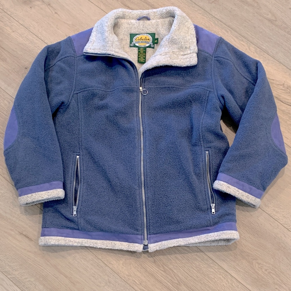 Cabelas Jacket Womens MED Blue Sherpa Berber Fleece Southwestern Aztec Heavy